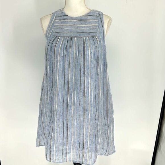 Madewell Women's XXS Yoked Mini Dress in Textured Stripe Sleeveles Blue Pockets - Picture 3 of 16